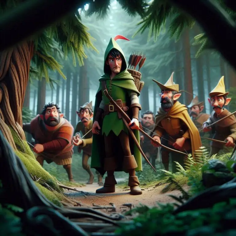 Robin hood está em pé com sua turma e a floresta ao fundo.